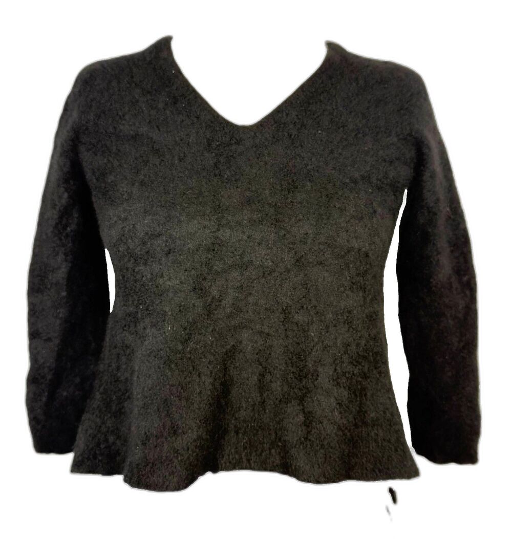 Neiman Marcus 100% Cashmere Sweater Womens Large Black V Neck High Low Hem Top